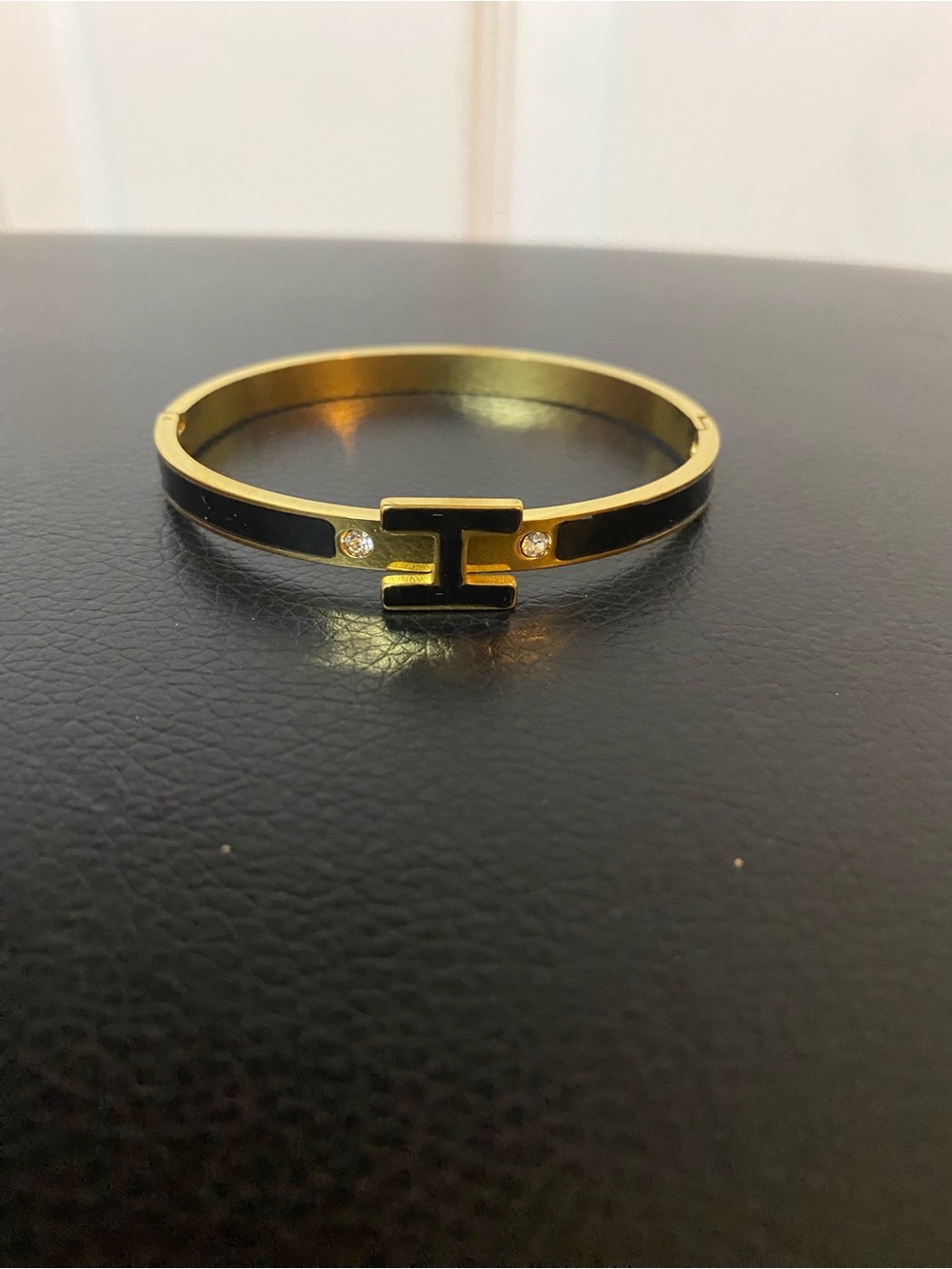 Gold and Black H-Accent Women's Bangle Stainless Steel Bracelet- Designer Style - Picture 2 of 3